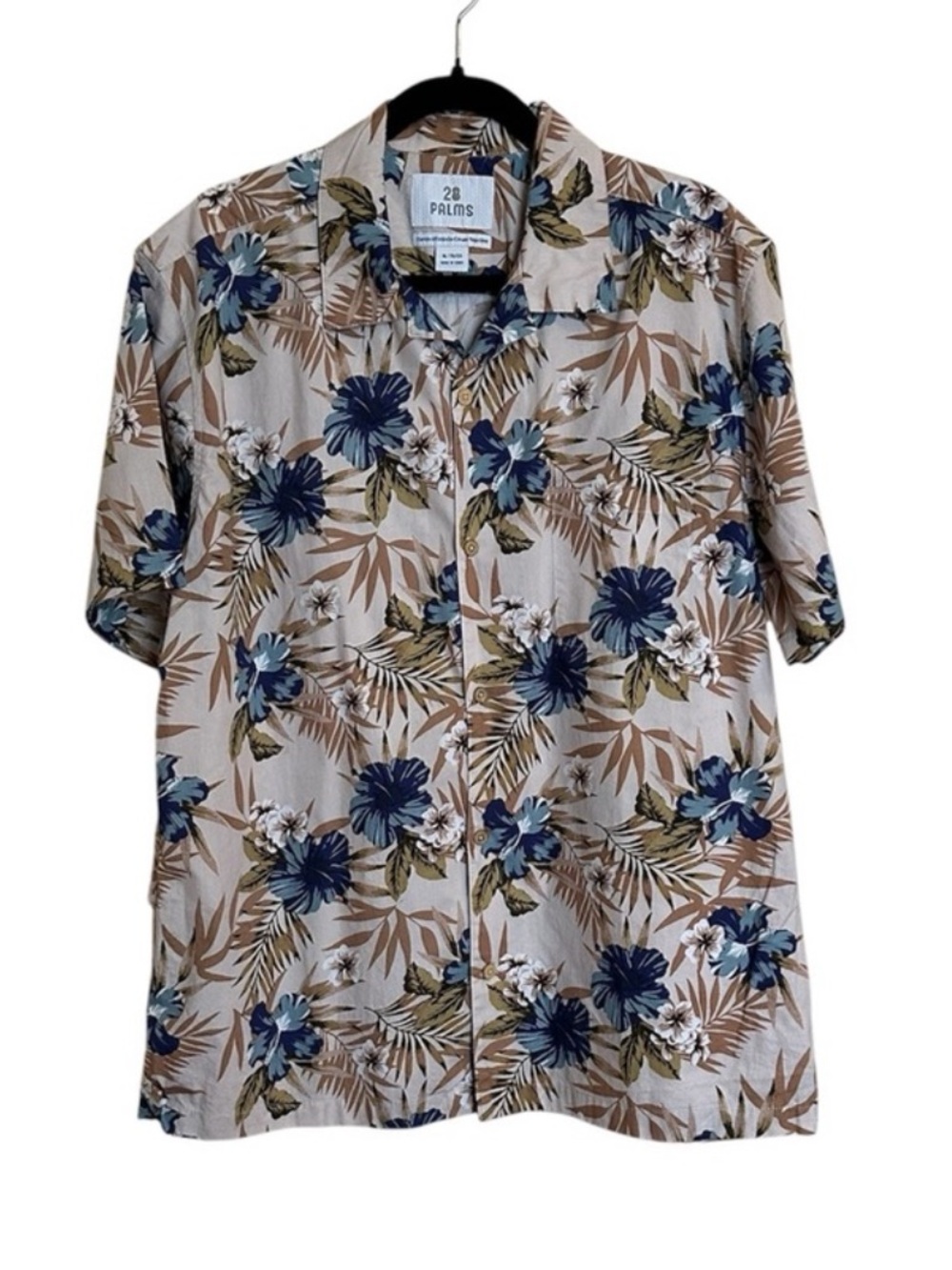 Men's Beige Floral Hawaiian 100% Cotton Short-Sleeve Button-Up Shirt. Size XL